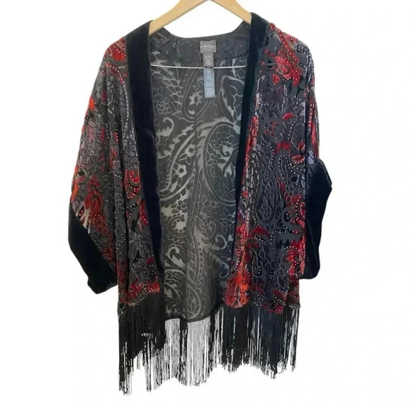 Chicos Travelers Velvet Fringe Burnout Kimono Style Jacket Size S/M Fringe Open - Picture 4 of 8
